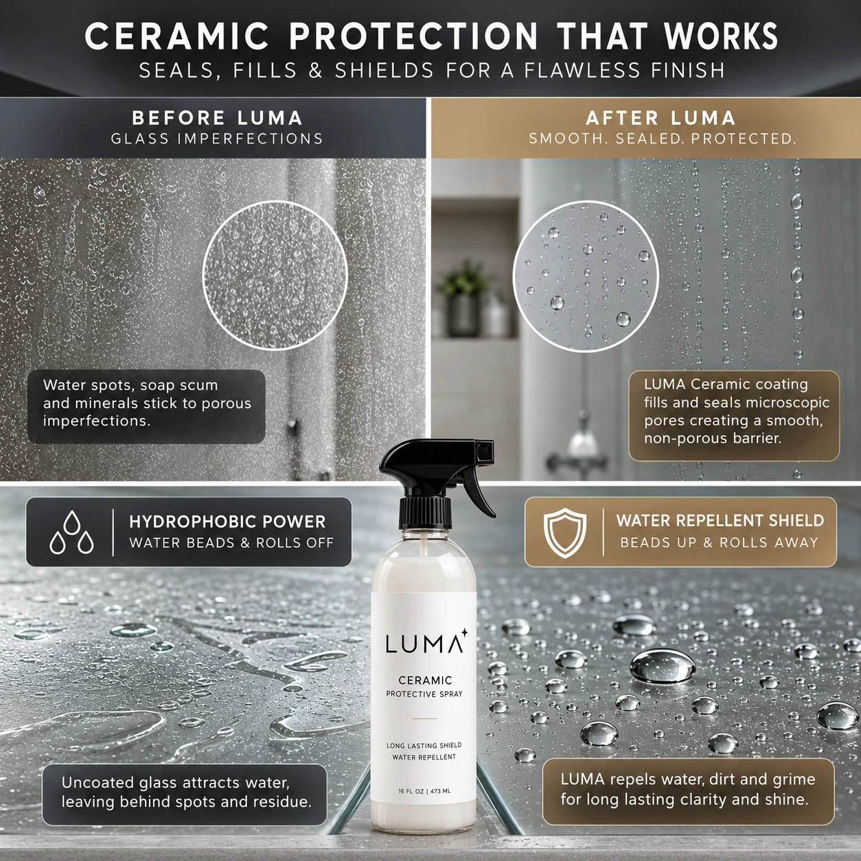 Luma ceramic protection infographic showing water beading before and after treatment