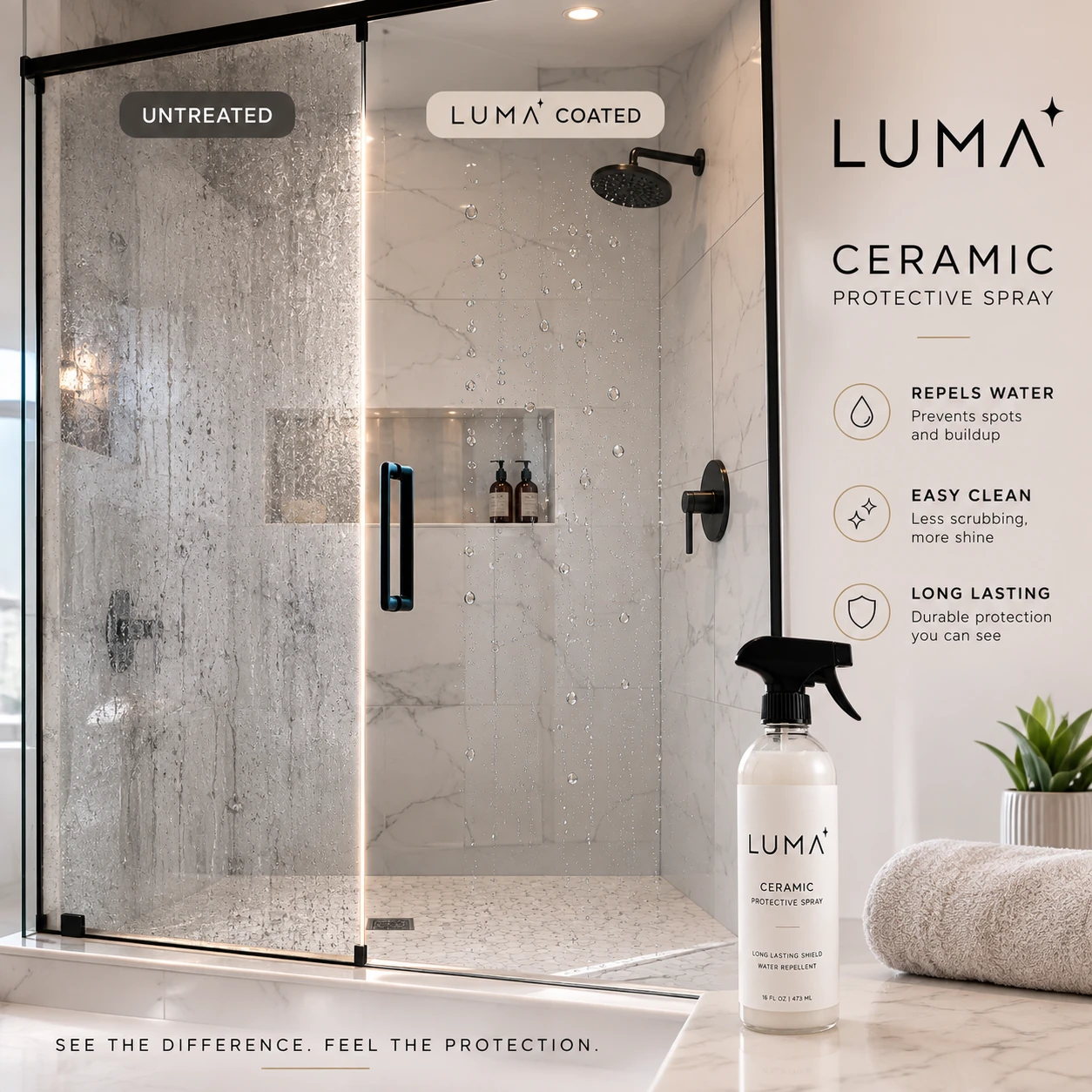 Side-by-side comparison of untreated shower glass and Luma-coated shower glass