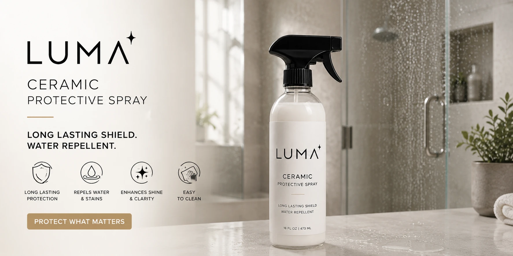 Luma Ceramic Protective Spray displayed beside a treated glass shower